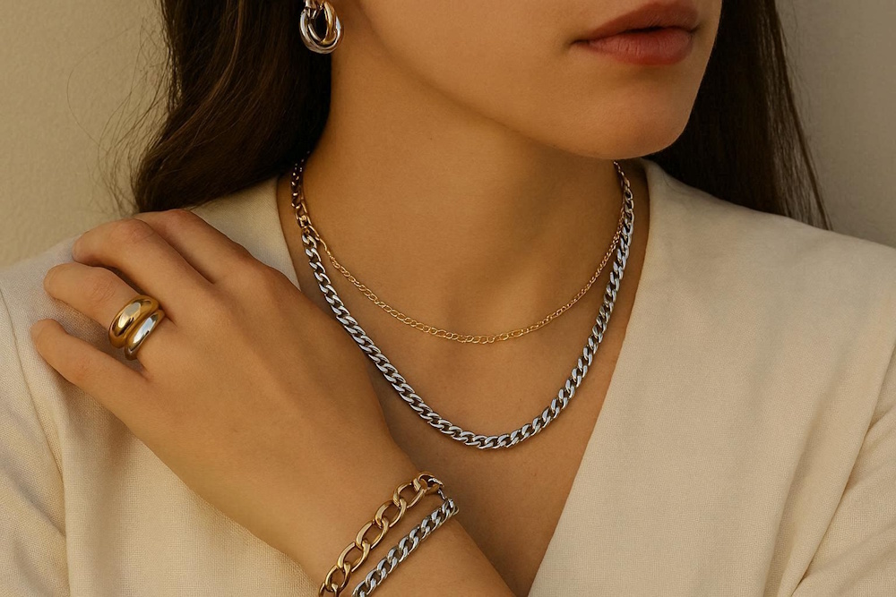 female with silver and gold jewelry